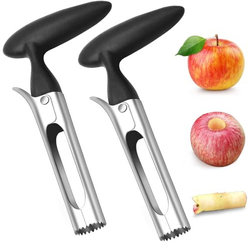 Diompirux 2 Piezas Descorazonador de Fruta, Corazones Manzana con Mango ABS y Cuchilla Serrada de Acero Inoxidable de Grado Alimenticio Afilada, para Cocina y Hogar, Frutas y Verduras, Negro