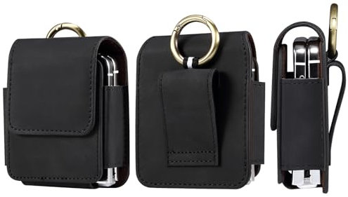 Smooth Skin PU Leather Flip Phone Holster Belt Loop Clip Pouch for Motorola RAZR 60 50 40 Ultra, Samsung Galaxy Z Flip6, Flip5, Flip4, Flip3 5G (Black)