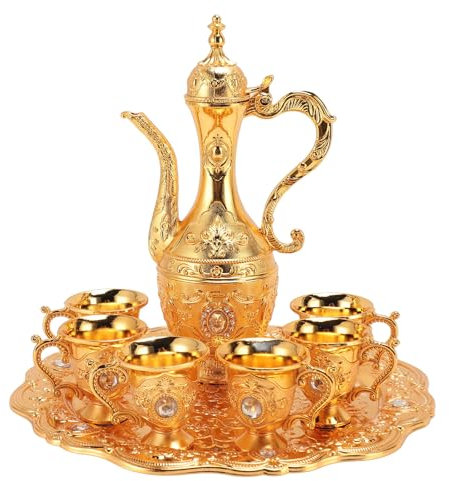 Wnvivi Alloy Wine Glass Pot Set,1Pcs Teapot,1Pcs Tea Serving Tray,6 Pcs Wine Glasses,Decorative Vintage Turkish Coffee Pot Set for Home Party Wedding(Gold)