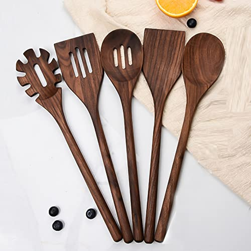 BOTOWI Ensemble d'ustensiles Cuisine en Bois pour la Cuisine, 6 PCS Noyer Noir Naturel cuillères Bois Spatules Spaghetti Serveur louche Ensemble Batterie Cuisine antiadhésive,5 pcs