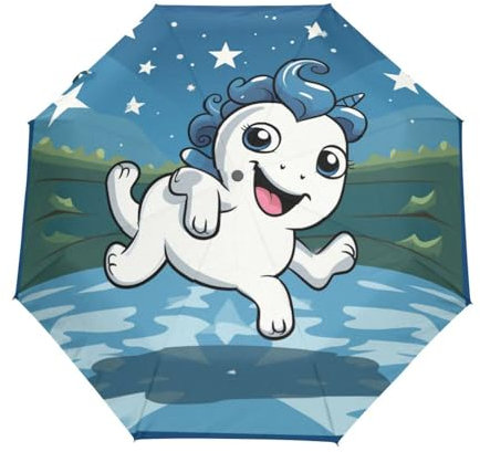 LINNIKEEEE Niedliches Cartoon-Glückliches Einhorn Regenschirm Auf-Zu Automatik Taschenschirm Winddichter Klein Leicht Kompakt Schirme für Reise Strand Frauen