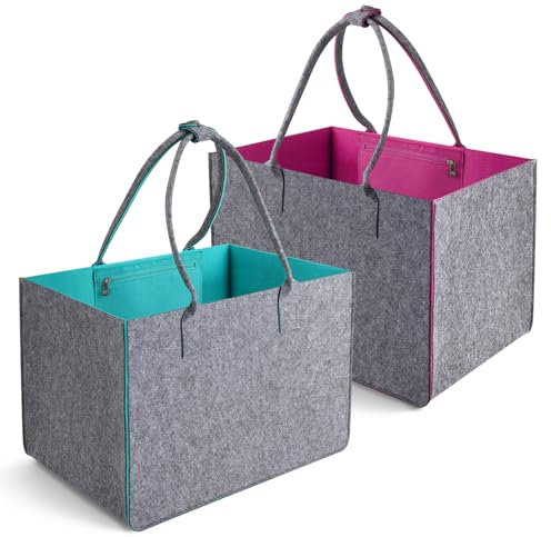 taonganui 2 Stück Filztasche Groß Faltbar Filztaschen Shopper 30L Filzkorb Einkaufskorb Filz Einkaufstasche Asche Tragetasche Filz Kaminholztasche zur Einkaufen,Reisen,Arbeit,Picknick 40 X 27 X 27 cm