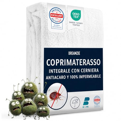 Dreamzie Coprimaterasso Matrimoniale Impermeabile 180x200x20 cm - Coprimaterasso Antiacaro Integrale con Chiusura a Zip per Allergici