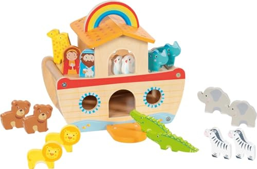 goki 51464 – Mi pequeño Arca de Noé, Coloridos Juguetes educativos de Madera para niños, Animales como león, Elefante, Oso, hipopótamo, Cebra, Juego de 20 Unidades, a Partir de 3 años