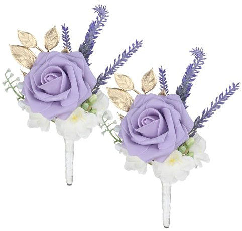 Rinlong 2 x lila Ansteckblumen für Herren, Hochzeit, Bräutigam, künstliche Blume, Boutonniere, Trauzeugen, Boutineer, Abschlussball, Heimkehr-Zubehör