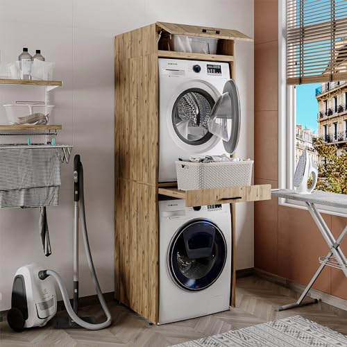 ROOMART Armadio per lavatrice e asciugatrice con cassetto estraibile in quercia, armadio per bagno (quercia, senza armadio a ribalta)