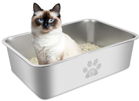 PTLOM Edelstahl Katzenklo , Große Katzentoilette aus Metall, Spritzwassergeschützt, Geruchsfrei und Antihaftbeschichtet, Katzenklo, Geeignet Für Große und Kleine Katzen, Kaninchen，40x30x10cm