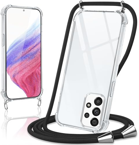 Coiwxmoi Handyband Handyhülle für Samsung Galaxy A53 5G Hülle mit Band 6,5,Transparent Case mit Kette Abnehmbar zum Umhängen Kordel Schutzhülle,Weich Silikon TPU Stoßfest Cover,Schwarz