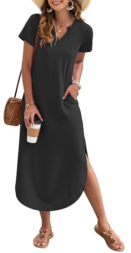 AUSELILY Damen Sommer Maxikleid Kurzarm V-Ausschnitt Lockeres Strandkleid mit Seitenschlitz für Urlaub Schwarz L
