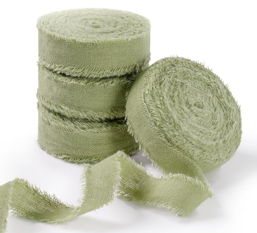 FAKILO Natural Rustic Cotton Ribbon with Frayed Edge, Sage Green 100% Cotton Ribbon 1.6cmx 22m for Vintage Wedding Bouquets,Invitations,Baby Shower,Gift Wrapping,DIY Crafts,Home Decor