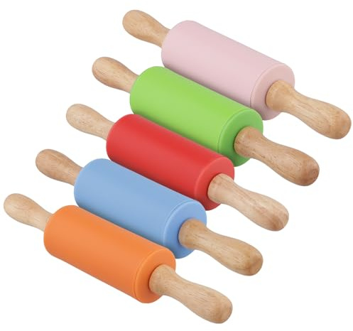 SYUTBOU 5 Stück Nudelholz Silikon Klein, 23,5 cm Teigroller Silikon mit Holzgriff, Mini Nudelholz Bunt für Küche