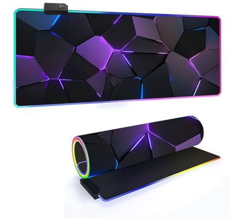 Mateju 3D Geometrie RGB Mousepad, rutschfeste Gummibasis Mauspad, Mousepad XXL/XL/l 14 Beleuchtungs Modi und 7 LED Farben, Gaming Mauspad mit Vernähte Kanten (Lila,800x400x4mm)