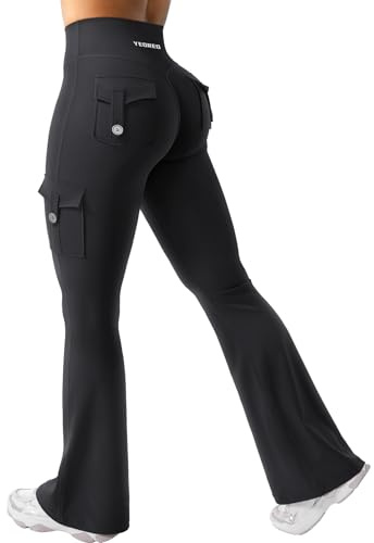 YEOREO Legging de sport taille haute femme Noir L avec poches invisibles Scrunch Butt Legging évasé Push Up Opaque Yoga Gym Pantalon sans couture
