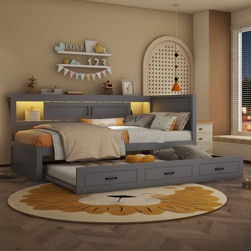 NovaFurnish Schlafsofa, Daybett, Tagesbett, 90X200cm, Mit LED-Leuchten, Bettseitiges Staufach, Ausziehbares Bett, Steckdose + USB, Ohne Matratze (Grau, 90X200cm)