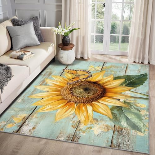 MMYAOKEN Sonnenblumen Teppich Wohnzimmer 50x80 Blumen Rustikal Vintage Deko, Kleiner Teppich Kurzflor, Weich rutschfest Waschbare Teppiche, Fußmatte Bettvorleger Schlafzimmer