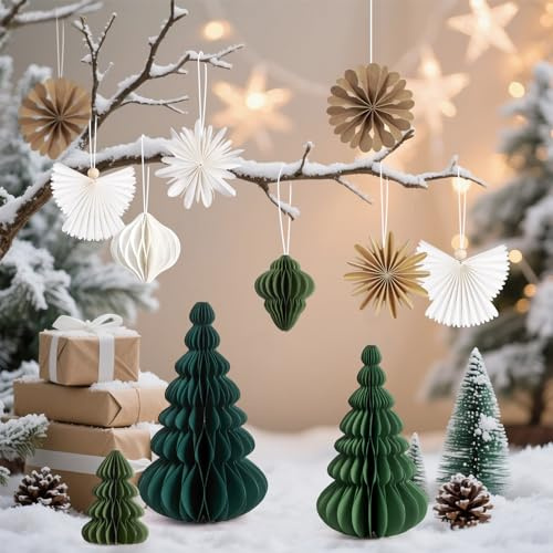 SUNBEAUTY Christbaumschmuck Papier,Weihnachtsschmuck Papier,Hängende Ornament 3D Wabenpapier with Grün Waben Deko Weihnachten,Christbaumschmuck Engel für Weihnachtsbaum Weihnachtstisch Outdoor Innen