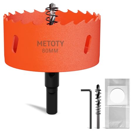 METOTY Scie-cloche bimétallique universelle HSS M42 de 80 mm, avec adaptateur d'arbre triangulaire et perceuse de centrage, un sac à poussière gratuit pour aluminium, métaux, plastiques, verre