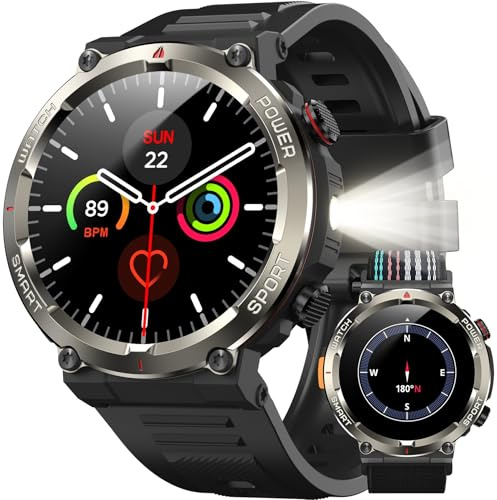 IOWODO Smartwatch Uomo Militare 1.45 con Chiamate Bluetooth, Batteria 960mAh, Torcia LED, Bussola, IP68 Impermeabile, Monitoraggio Cuore/Ossigeno nel Sangue/Sonno, 100+ Modalità Sportive, 2 Cinturini