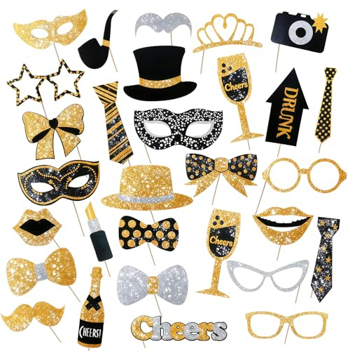 30 Stück Foto Requisiten,Fotobox Accessoires,Party Deko Zubehör für Karneval, Hochzeiten, Halloween, Weihnachten, Geburtstage und Silvester – Perfekte Fotobox Accessoires Geburtstag