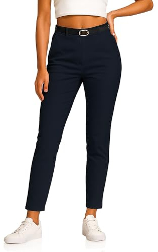 Kendindza Chino - Pantaloni da donna elasticizzati con cintura, in tessuto, da donna, eleganti, lunghi, in materiale morbido, Blu, S