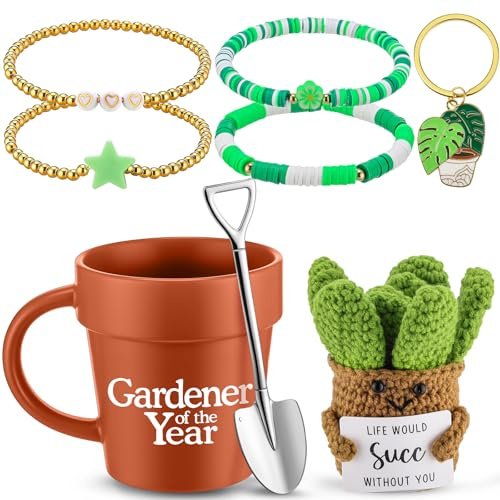 Didaey 5 Pcs Funny Gardener Gifts for Women Gardener of the Year Coffee Mug Crochet Succulent Bracelet Keychain Christmas Gifts for Men Women Mom Birthday Present