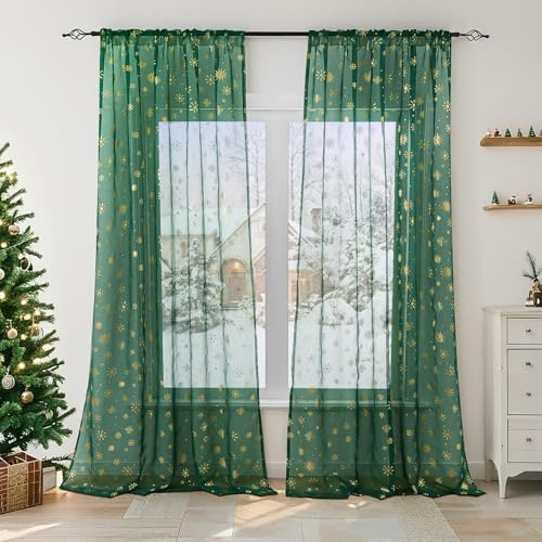 Wokuaile Grün Weihnachts Vorhang Kräuselband Weihnachtsgardine Transparent | 2er Set Wohnzimmer Gardinen mit Goldernem Muster Voile Vorhänge H245 x B140 cm