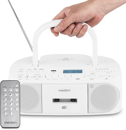 MEDION DRX-1 Plus Boombox (Radio portátil Dab+ y FM, Bluetooth, Reproductor de CD, MP3, Casete, Salida Auriculares, estéreo, AUX, Corriente y Pilas) Blanco
