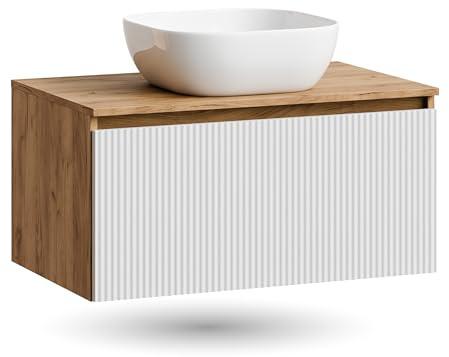 Planetmöbel Arisa Waschtisch mit Unterschrank 80 cm Gold Eiche | weiß, (geriffelt), Waschbecken 42 cm weiß, Raumsparsiphon