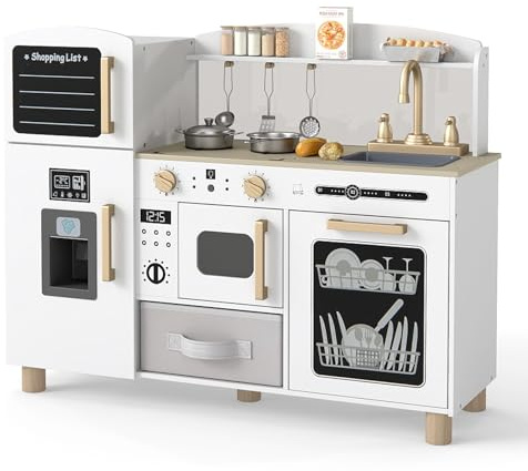 COSTWAY Wooden Kids Kitchen, Toddler Pretend Play Kitchen with Ice Maker, Sink, Blackboard & Acrylic Board, Utensils, Children Chef Role Playset for Boys Girls (White)