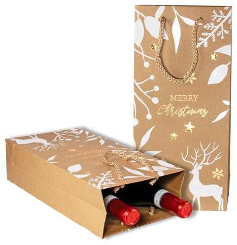 5x Wein Geschenktüte Weihnachten - Merry Christmas Natur & Gold, für 2 Flaschen, FSC zertifiziert