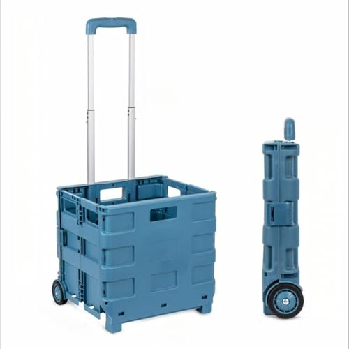 Grand chariot de courses pliable de 65 L avec couvercle - Boîte de courses utilitaire portable pour linge, sport, travaux manuels - Chariot à deux roues pour un transport facile - Bleu
