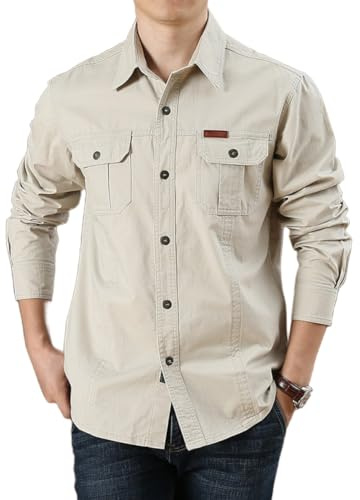 Camisas de Trabajo de Algodón para Hombre, Camisa de Militar de Manga Larga con Botones Ropa Cargo, 2 Bolsillos, Regular Fit para Pesca, Tala, Senderismo, Caza，BeigeBlanco，XL