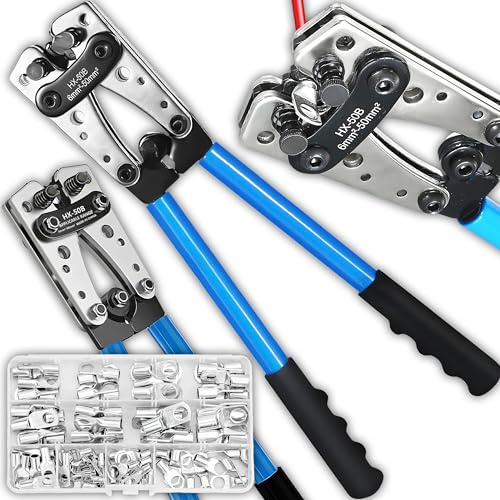 Retoo Crimptång set 6–50 mm² med 60 trådhylsor – professionell presstång för kabelskor, klämkontakter, isolerade och oisolerade kablar – elektrikerverktyg med ergonomiskt handtag