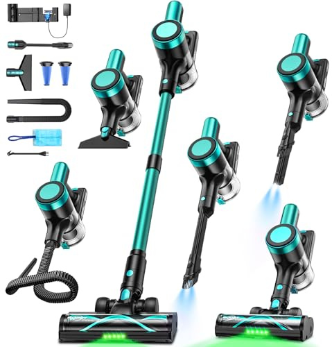 NYXAL Akku Staubsauger 50KPa/500W/55Mins, Staubsauger Kabellos mit Wandmontierte Ladestation, Selbststehende, LED Display, Anti Tangle Bürste, für Tierhaare/Teppiche/Hartböden/Auto, Minzblau