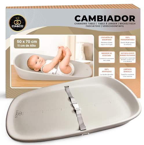 Cambiador Bebé 50x70 cm de Espuma PU Suave (No Rígido), Impermeable e Higiénico, Antideslizante, Bordes Elevados, Cinturón de Seguridad y Medidor Estatura, Portátil para Cómoda, Cama o Viaje (Gris)