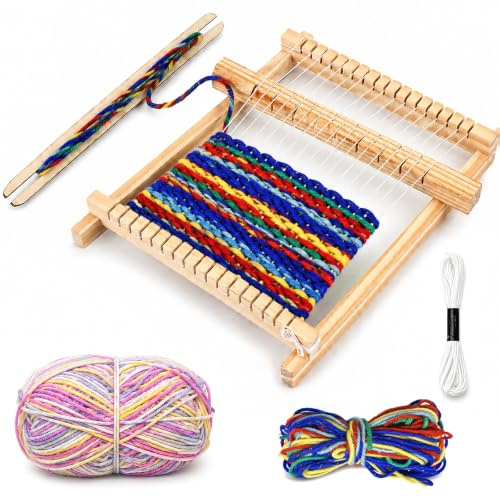 dellyy Webrahmen Set für Kinder, Holz Webrahmen mit 9 Zubehörteilen und 3 Garnrollen, Kinder Webrahmen DIY Bastelset, Handwebrahmen zum Weben Lernen, Kreativset für Anfänger, Schule, und Handarbeit