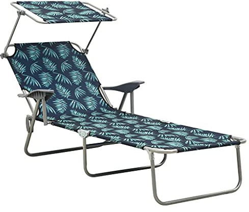 Foknhdi Sonnenliege mit Dach klappbar Gartenliege aus Stahl Relaxliege mit Blattmuster verstellbare Strandliege Dreibeinliege für Garten Balkon und Terrasse 188x71,5x27 cm