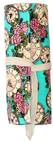 Rollmäppchen für Buntstifte – Zeit Uhr 48 Federmäppchen Stifterolle Mäppchen Federmäppchen zum rollen – Schlamperrolle Pinselrolle aus Canvas und Baumwolle – Ideal für Reisen, Schule, Büro, Kunst