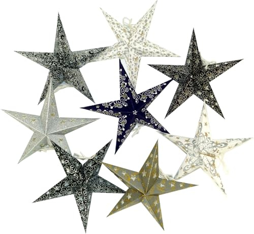 8 Stk. Papiersterne für Lichterkette, 20 cm, schwarz/weiß/grau/glitter | Vielseitige Dekoration für Weihnachten und Partys, einfach aufsteckbar auf handelsübliche Lichterketten.