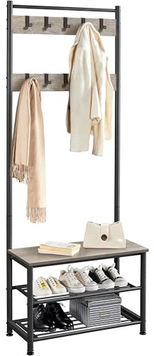 Yaheetech Industrial Coat Rack Stand with Shoe Rack, Free Standing Hall Tree with Shoes Storage Bench, 9 Movable Hooks & 3-tier Open Shelves, Metal Frame,73x33x185cm, Grey