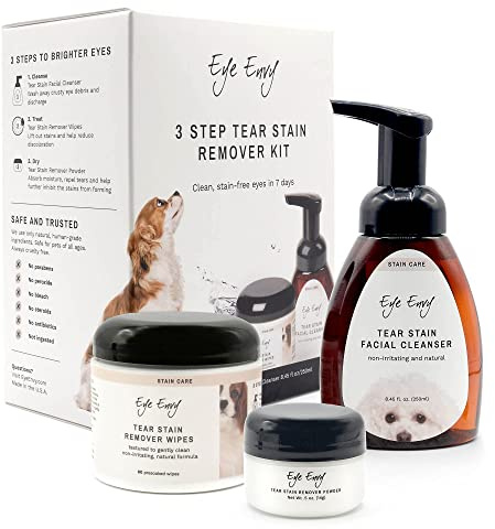 Eye Envy 3 Step Tear Stain Remover Kit for Dogs. for Clean, Stain-Free Eyes. Contains: Cleanser, Tear Stain Eye Wipes & Stain Powder. Non-irritating & Natural Dog Tear Stain Remover. Made in USA