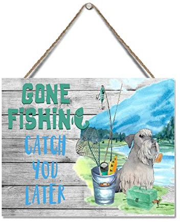 Holzschild mit Aufschrift Gone Fishing Catch You Later, Strandleben, Tier, Hund, See, Angeln, hängendes Holzschild, lustiges Schild, Vintage-Wandkunst-Schild, Holz für Schilder, Wohnzimmer, 20,3 x