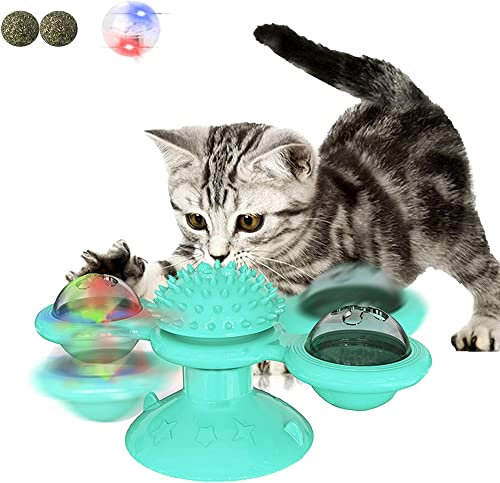 USB Cat Toys for Indoor Cats,Interactive Cat Toy with Suction Cup Windmill Kitten Toys Cat Toothbrush Toy Kitty Toys with Turntable Massage Scratching Tickle for Cats Kitten Kitty（Blue/Red -Blue