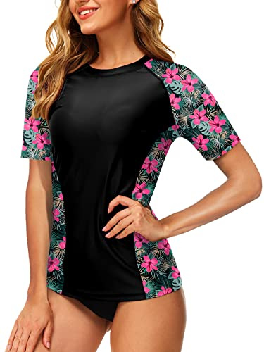 Women Short Sleeve Rash Guard SPF Beach Tropical Floral Printed Swimsuit Top Pink Floral 2XL