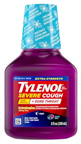 Tylenol Extra Strength Severe Cough + Sore Throat Nighttime Liquid Cold Medicine, Multi-Symptom Cold Relief, Acetaminophen Pain Reliever, Dextromethorphan HBr, Doxylamine Succinate, 8 Oz.