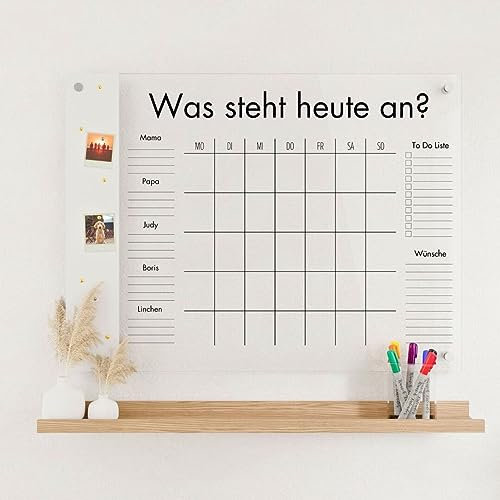 Wunsch Kalender - personalisierter Wandkalender - 5-Namen Familienplaner mit Magnetboard - wiederverwendbarer Kalender aus Acrylglas - Familienplaner abwischbar - Hingucker für jeden Raum