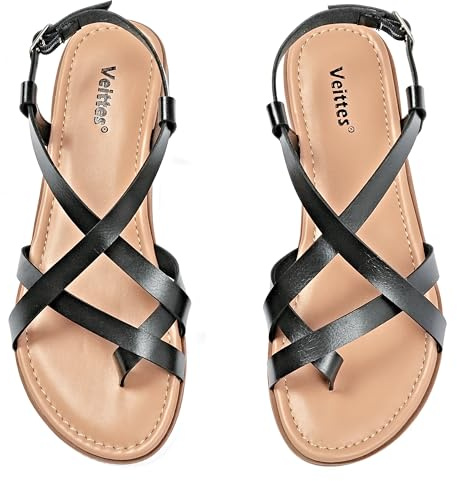 Veittes Women's Gladiator Flat Sandals, Criss Cross Ankle Strap Design, Non-slip Sole, Open Toe Summer Beach Toe Ring Thong Sandals, Black,Size 8 US