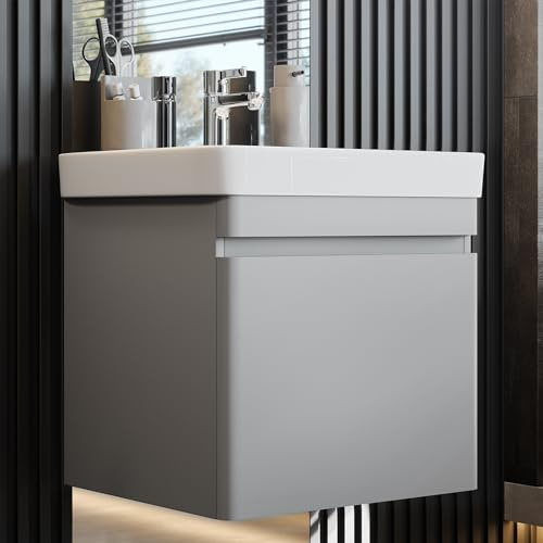 Newroom Waschbeckenunterschrank inkl. Waschbecken lackiert - Grau/Beton matt - Hängend - mit viel Stauraum - 50x54x50 cm (BxHxT) - Badezimmermöbel, Waschtisch, Unterschrank