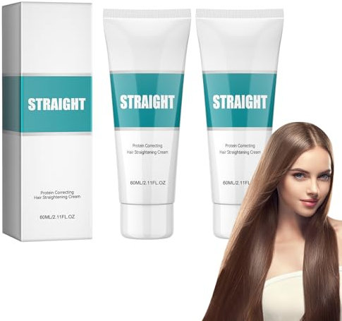 Tkekruh 2PC Hair Straightening Crème 60 ml, Crème Lissante Corrective aux Protéines, Lissante Soyeuse et Brillante, Lisse les Pointes Fourchues et Crépues, pour les Cheveux Secs, Crépus