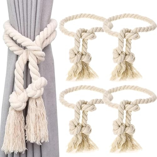 4 Stück Vorhangseil Raffhalter, Natural Cotton Curtain Rope Tiebacks, Curtain Rope Buckle, Handgemachte Vorhang Raffhalter, Vorhang Clips Baumwolle Seil, Baumwollvorhang Raffhalter, für Haus Office